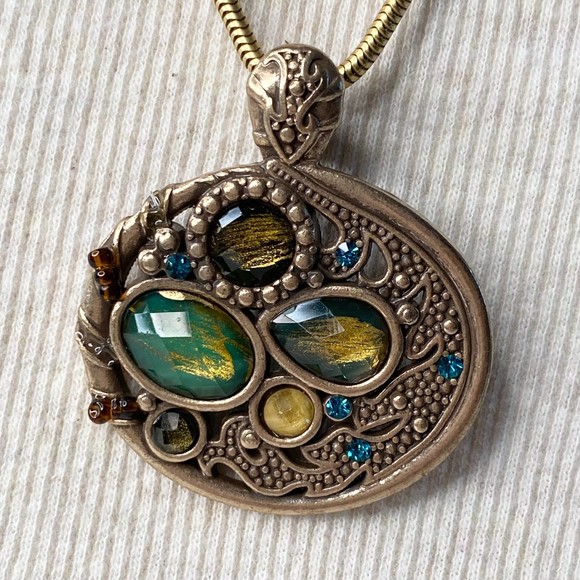 Express Pendant Necklace Gold Tone Multicolor Stone Opera Chain - Picture 4 of 11